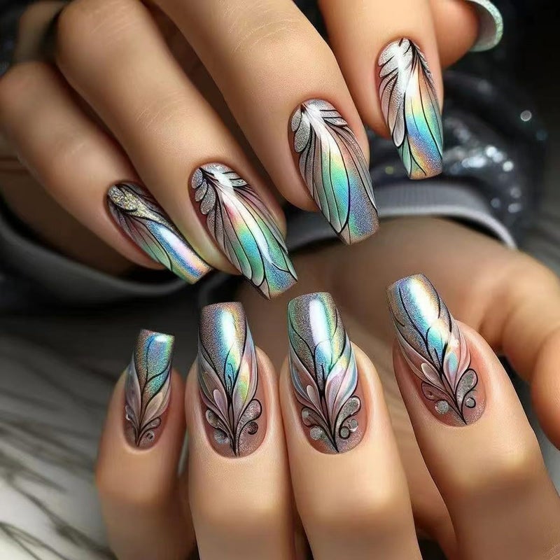 juggssa Press on Nails Medium Coffin Fake Nails Rainbow Glitter Acrylic Ballet Nails Rainbow Gradient Acrylic Full Cover Reusable False Nails with Jelly Glue Stick on Nails Glue on Nails for Women 24PCS - Image 1